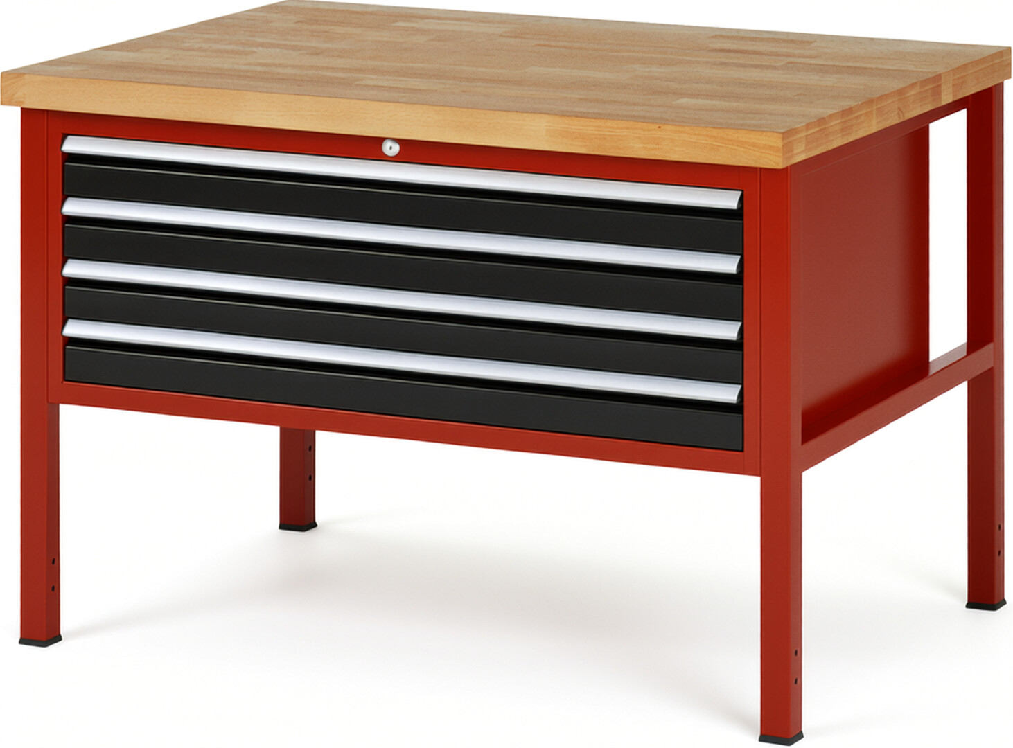 Werkbank Modell 8333 rot - schwarz, BxTxH 1250x900x840 mm,  Buche-Massiv Arbeitsplatte 40 mm,  4 Schubladen mit  Vollauszug 100 % und  SoftClosing