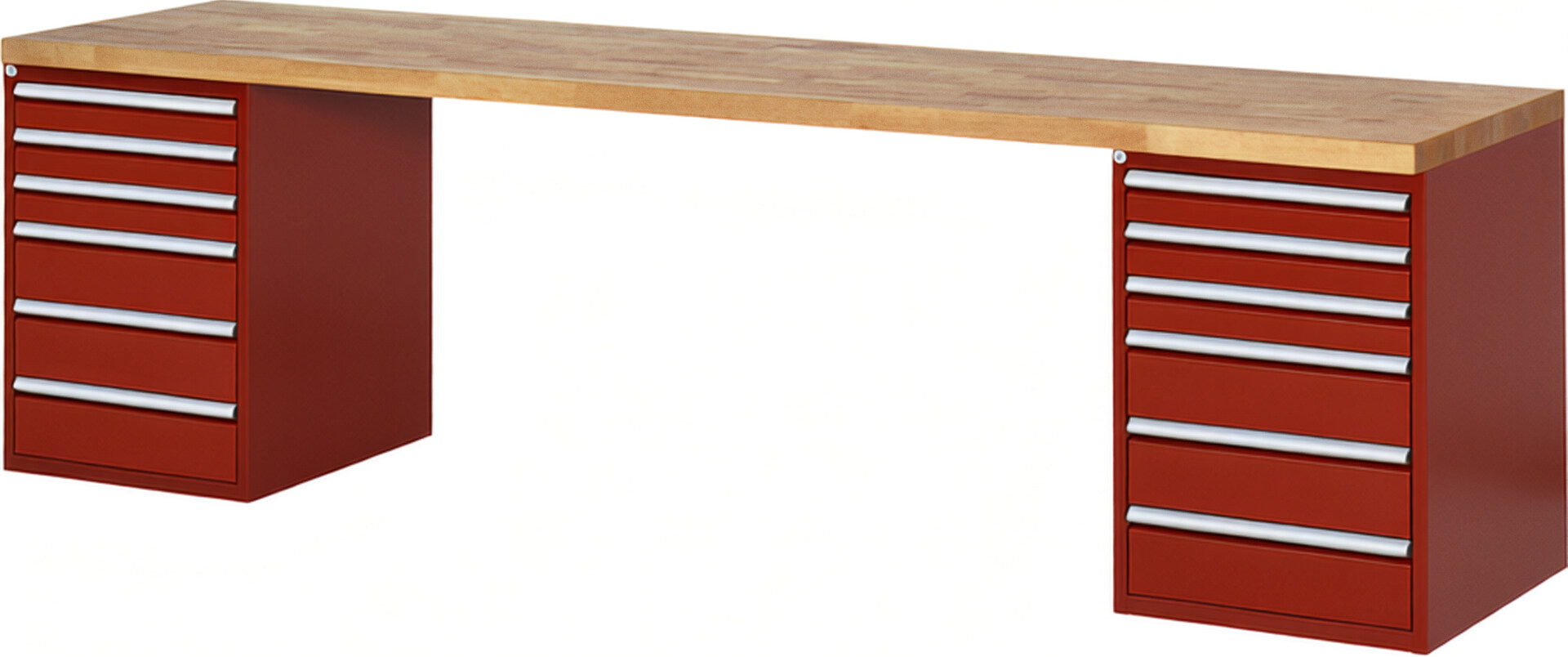 Werkbank Modell 7515 rot, BxTxH 3000x700x890 mm,  Buche-Massiv Arbeitsplatte 40 mm,  12 Schubladen mit  Auszug 90 %