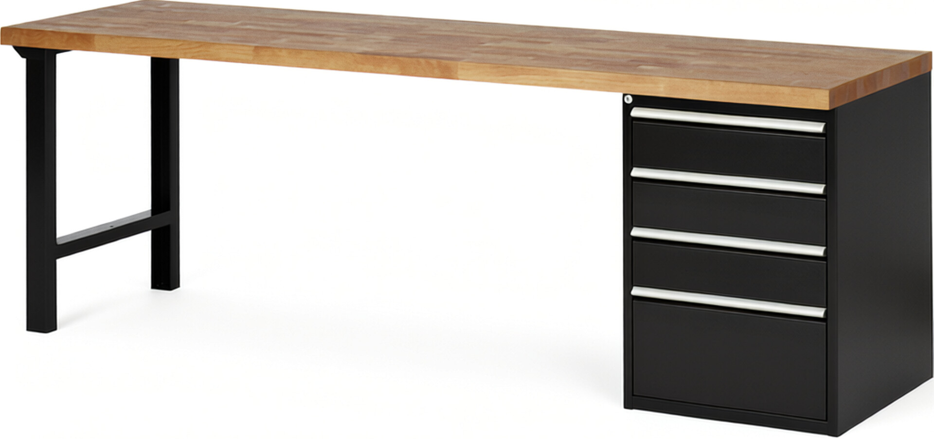 Werkbank Modell 7510 schwarz, BxTxH 2500x700x890 mm,  Buche-Massiv Arbeitsplatte 40 mm,  4 Schubladen mit  Auszug 90 %
