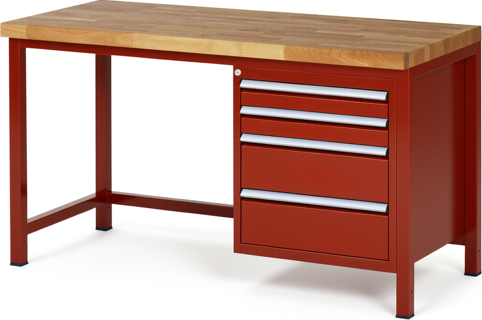 Werkbank Modell 8161 rot, BxTxH 1500x700x840-1040 mm,  Buche-Massiv Arbeitsplatte 40 mm,  4 Schubladen mit  Auszug 90 %