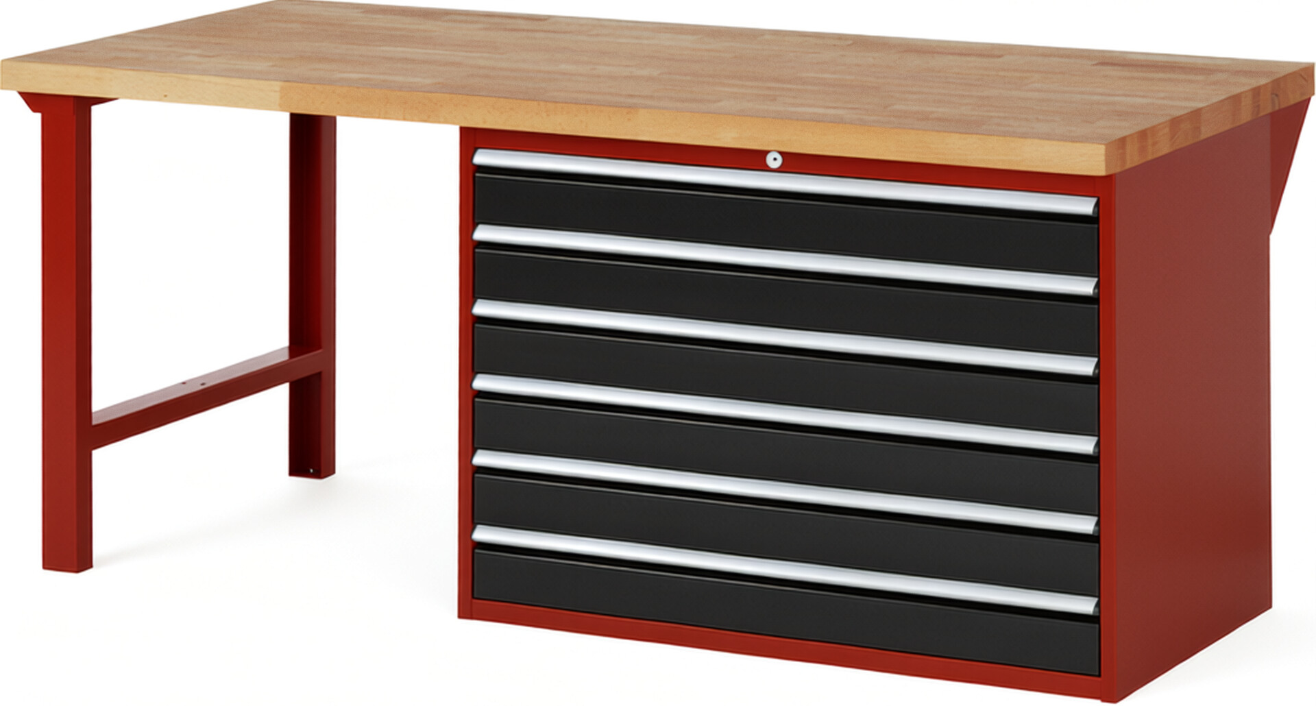 Werkbank Modell 7716 rot - schwarz, BxTxH 2000x900x890 mm,  Buche-Massiv Arbeitsplatte 40 mm,  6 Schubladen mit  Vollauszug 100 % und  SoftClosing