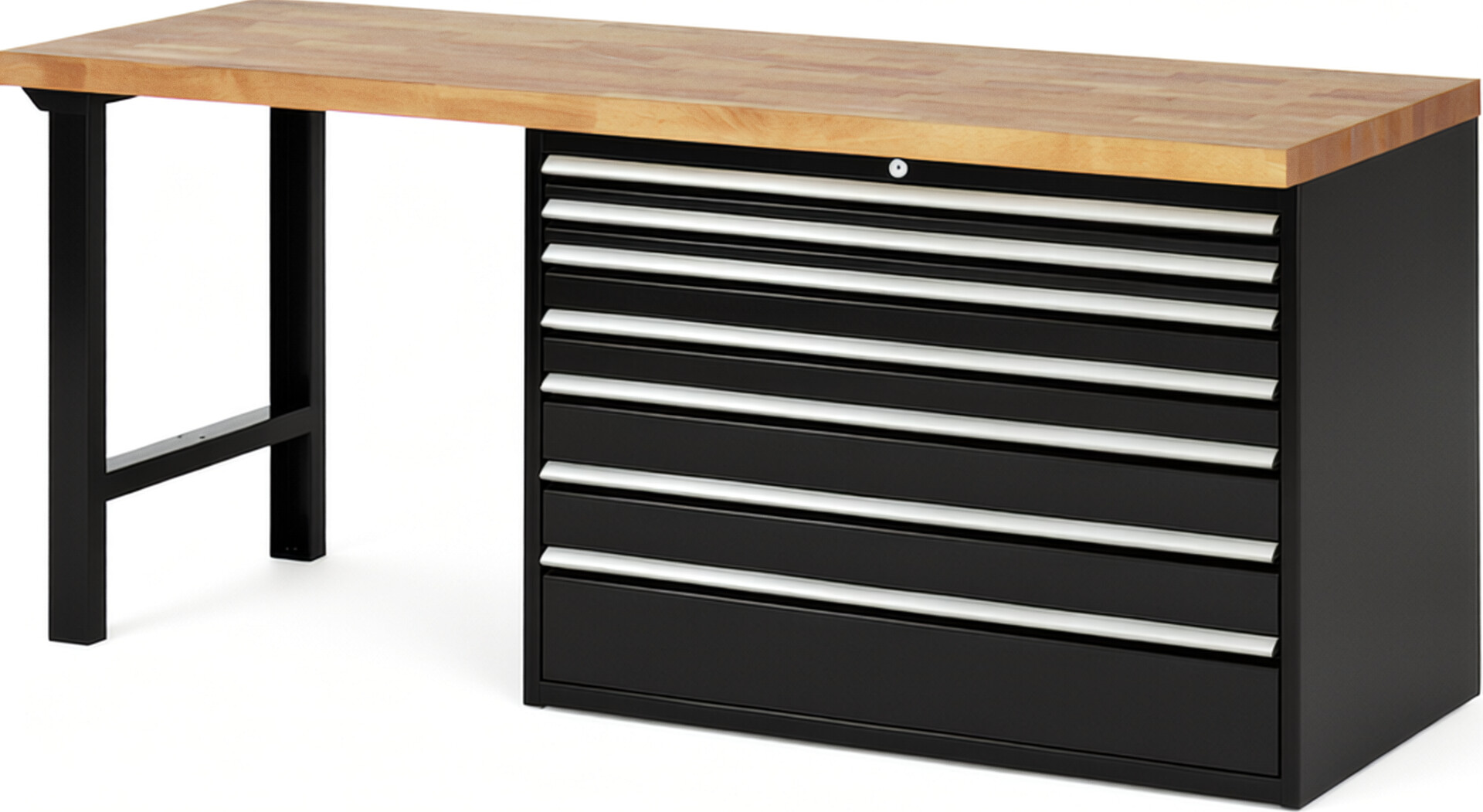 Werkbank Modell 7717 schwarz, BxTxH 2000x700x890 mm,  Buche-Massiv Arbeitsplatte 40 mm,  7 Schubladen mit  Auszug 90 %