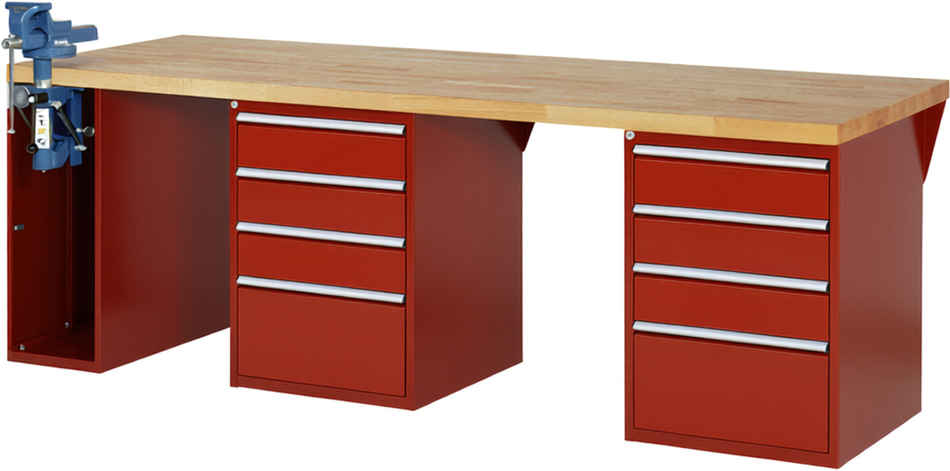 Werkbank Modell 7510 rot, BxTxH 2500x900x890 mm,  Buche-Massiv Arbeitsplatte 40 mm,  8 Schubladen mit  Auszug 90 %