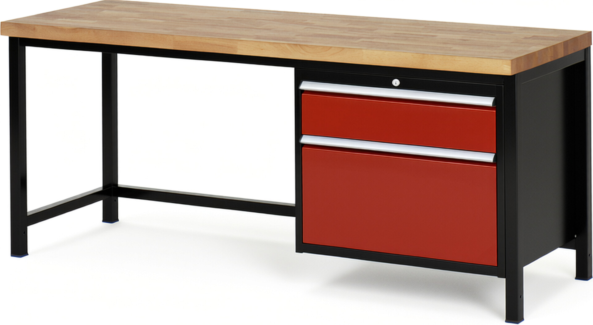RAU Werkbank schwarz - rot - Breite 200 cm - Tiefe 70 cm - Höhe 104 cm - Buche-Massiv Arbeitsplatte 40 mm