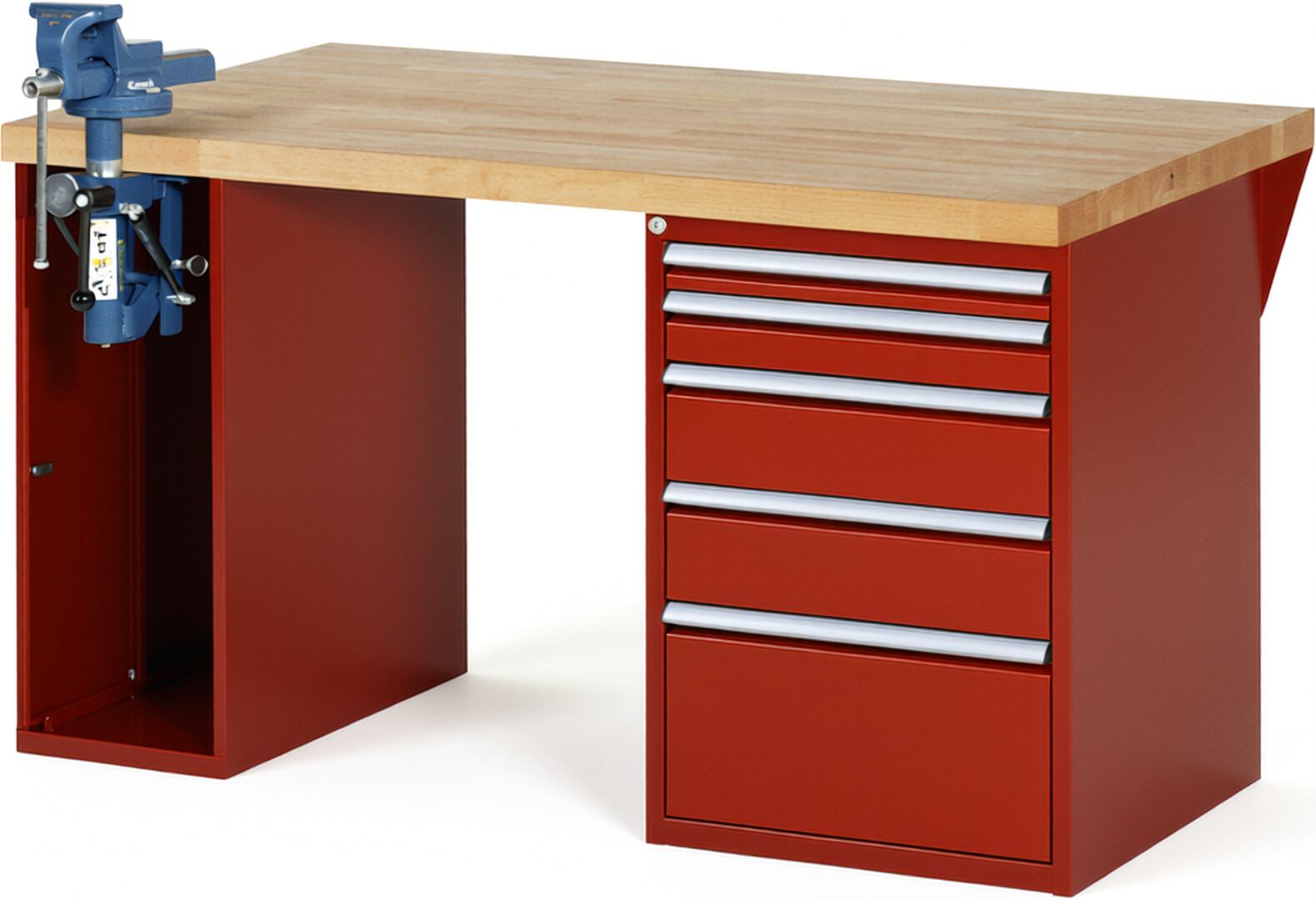 Werkbank Modell 7511 rot, BxTxH 1500x900x890 mm,  Buche-Massiv Arbeitsplatte 40 mm,  5 Schubladen mit  Auszug 90 %