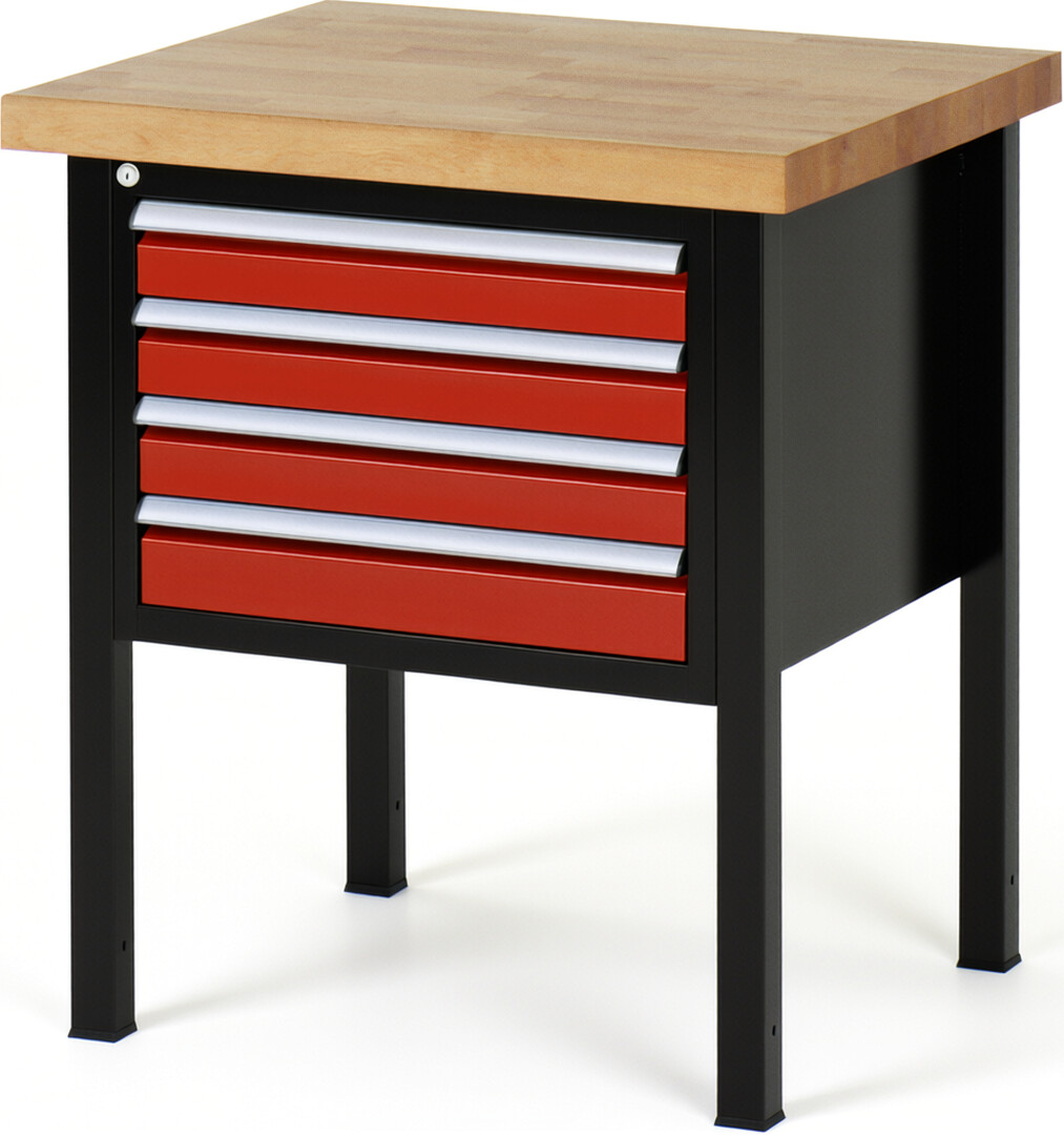 RAU Werkbank schwarz - rot - Breite 75 cm - Tiefe 70 cm - Höhe 104 cm - Buche-Massiv Arbeitsplatte 40 mm