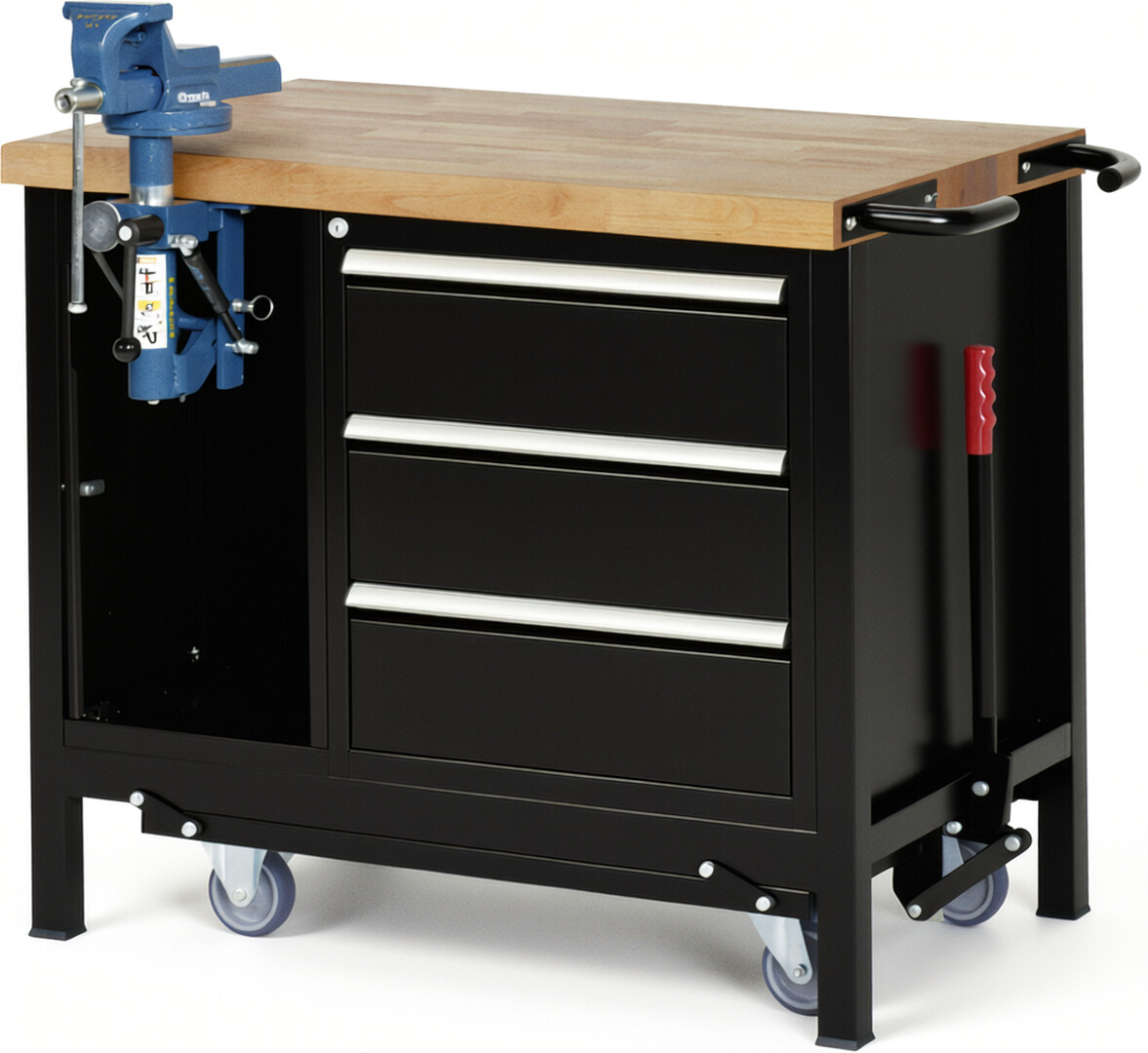 Absenkbare Werkbank Modell 8183 schwarz, BxTxH 1000x700x880 mm,  Buche-Massiv Arbeitsplatte 40 mm,  3 Schubladen mit  Auszug 90 %
