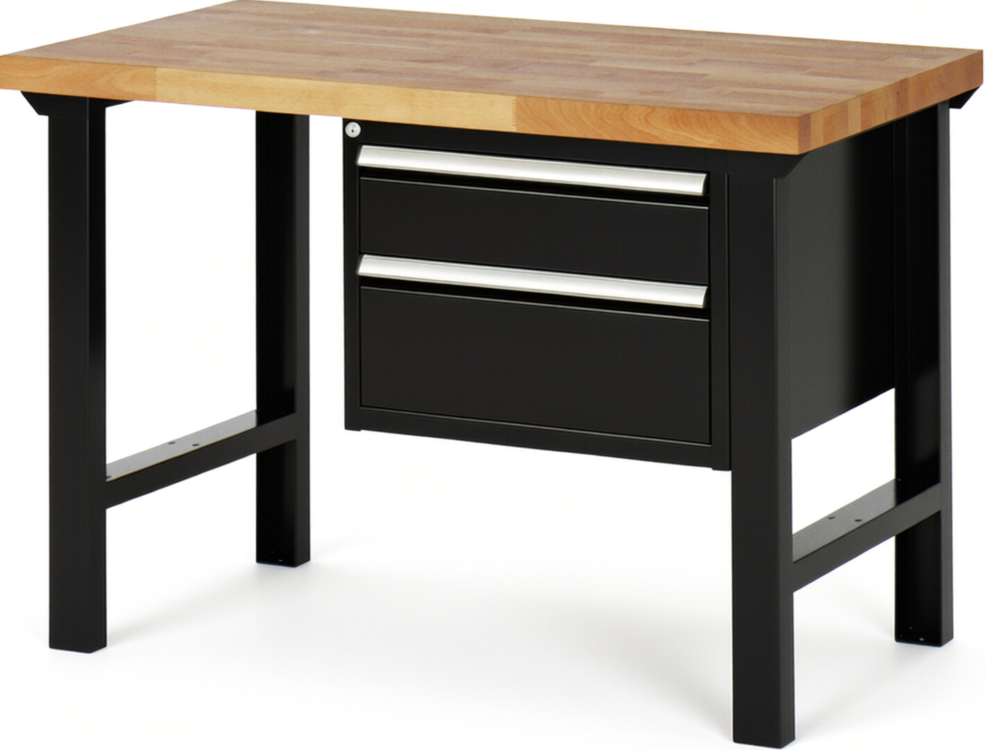 Werkbank Modell 7123 schwarz, BxTxH 1250x700x840 mm,  Buche-Massiv Arbeitsplatte 40 mm,  2 Schubladen mit  Vollauszug 100 % und  SoftClosing