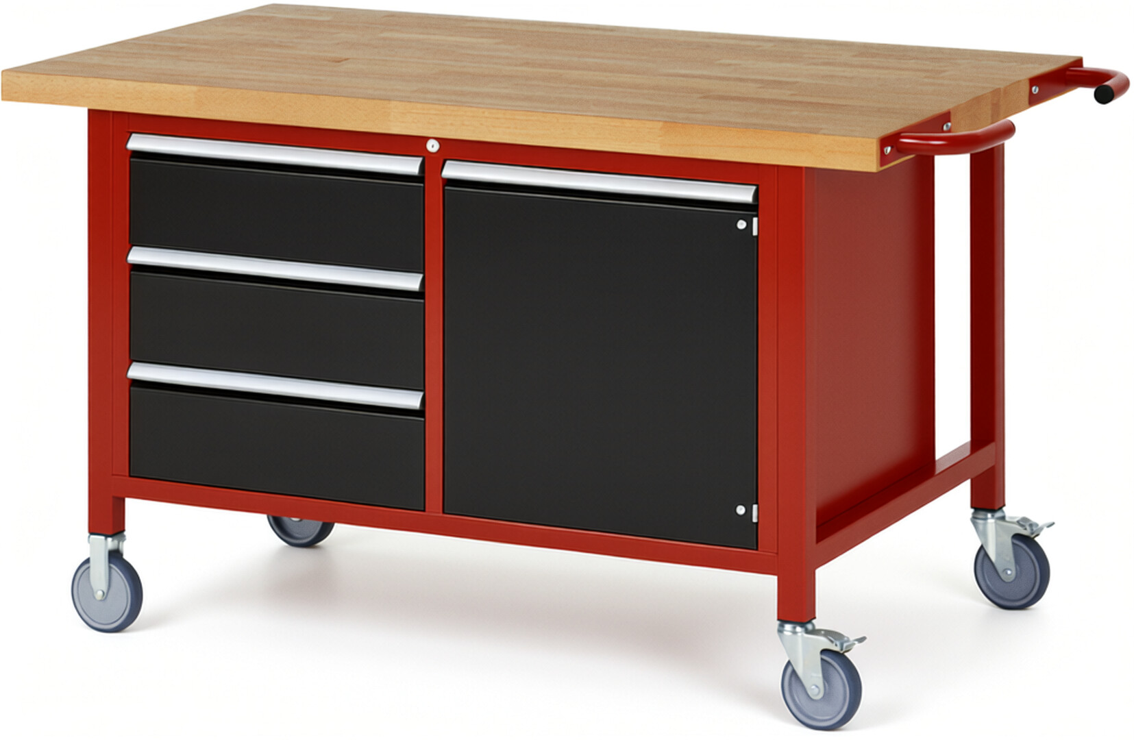 Fahrbare Werkbank Modell 8468 rot - schwarz, BxTxH 1500x900x880 mm,  Buche-Massiv Arbeitsplatte 40 mm,  3 Schubladen mit  Vollauszug 100 % und  SoftClosing