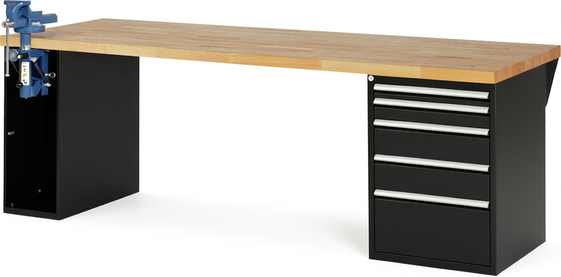 Werkbank Modell 7511 schwarz, BxTxH 2500x900x890 mm,  Buche-Massiv Arbeitsplatte 40 mm,  5 Schubladen mit  Auszug 90 %