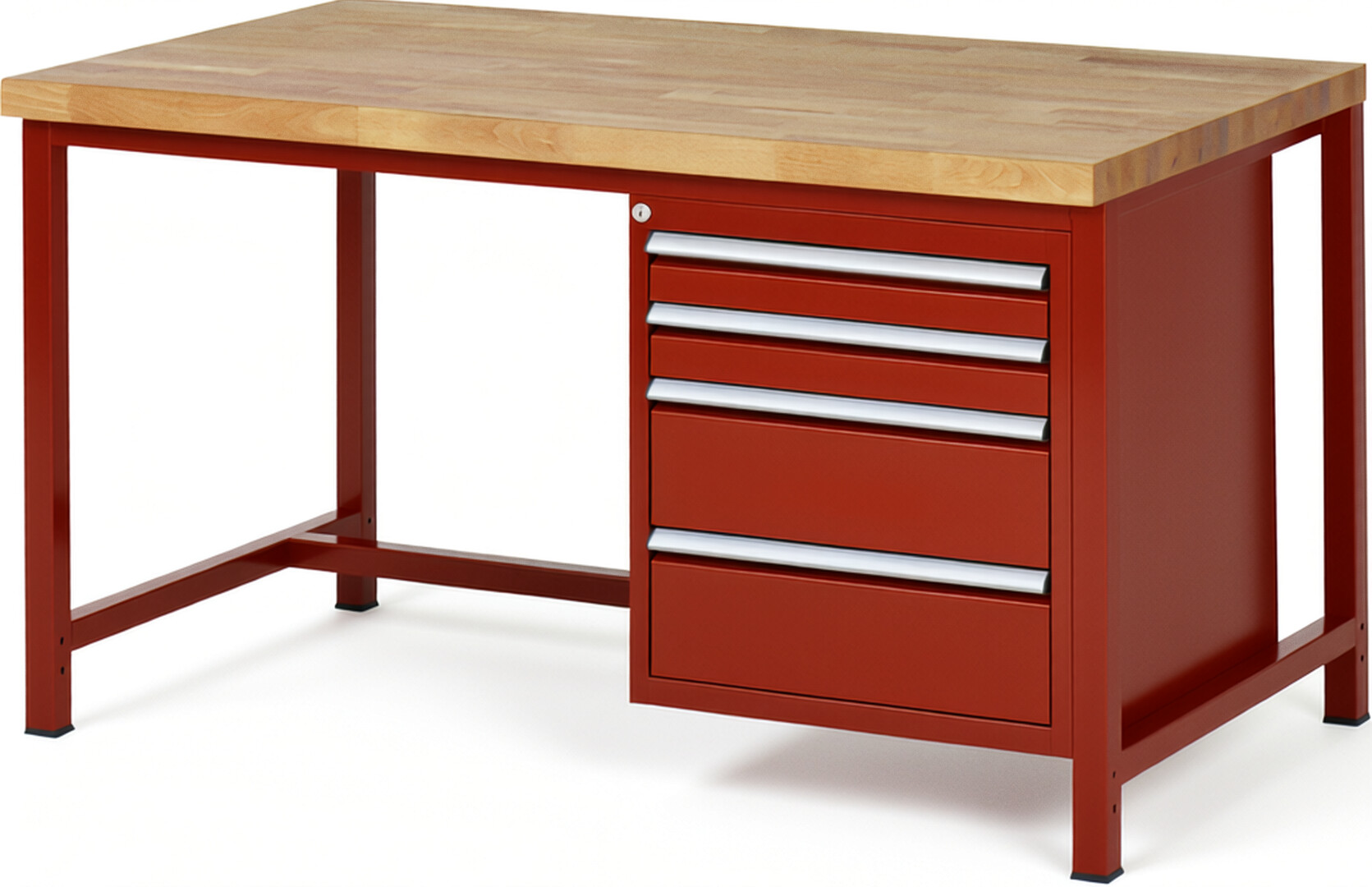 Werkbank Modell 8161 rot, BxTxH 1500x900x840 mm,  Buche-Massiv Arbeitsplatte 40 mm,  4 Schubladen mit  Vollauszug 100 % und  SoftClosing