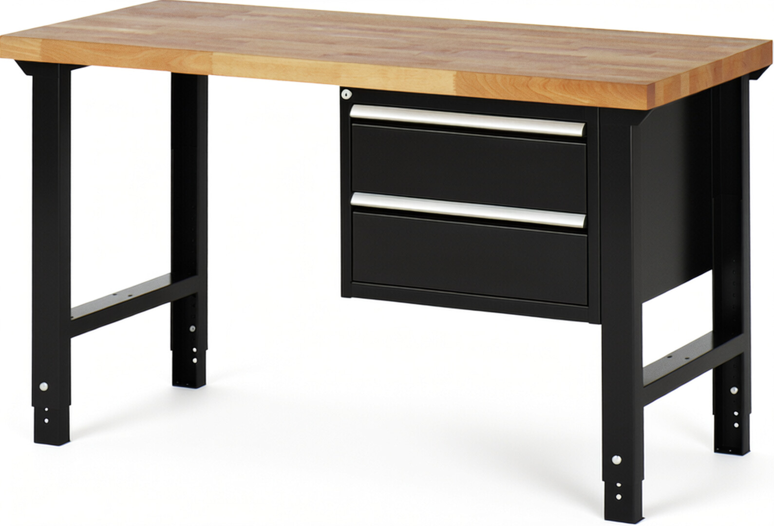 Werkbank Modell 7125 schwarz, BxTxH 1500x700x790-1140 mm,  Buche-Massiv Arbeitsplatte 40 mm,  2 Schubladen mit  Auszug 90 %
