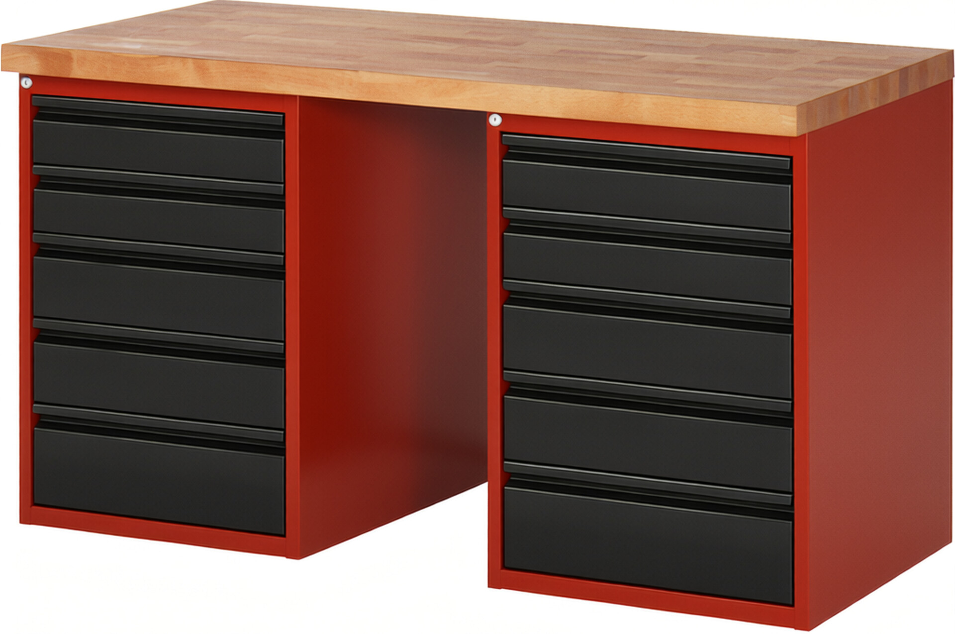 Werkbank - Modell 7513 BASIC rot - schwarz, BxTxH 1500x700x840 mm,  Buche-Massiv Arbeitsplatte 40 mm,  10 Schubladen mit  Auszug 90 %