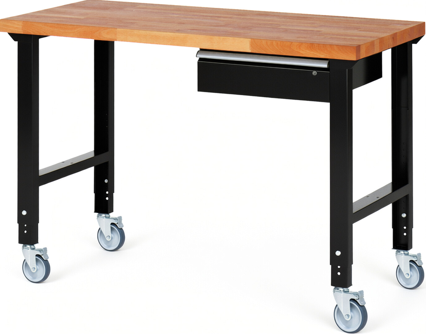 Fahrbare Werkbank Modell 7001 schwarz, BxTxH 1500x700x950-1000 mm,  Buche-Massiv Arbeitsplatte 40 mm,  1 Schublade mit  Auszug 90 %