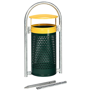 Abfalbehälter, Außeneinsatz, ohne Ascher, Kopfteil/RAL 1023/RAL 6005, Vol. 65 l, BxTxH 580x380x1165 mm, zum Einbetonieren