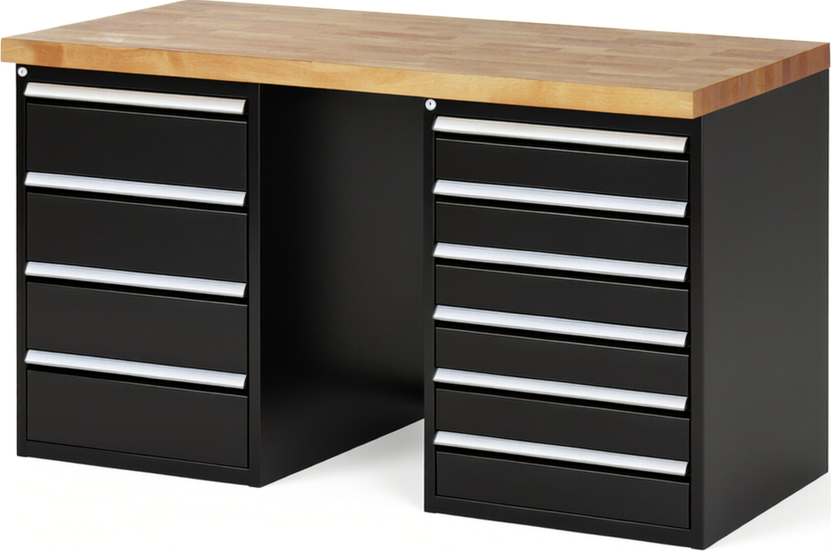 Werkbank Modell 7821 schwarz, BxTxH 1500x700x890 mm,  Buche-Massiv Arbeitsplatte 40 mm,  10 Schubladen mit  Auszug 90 %