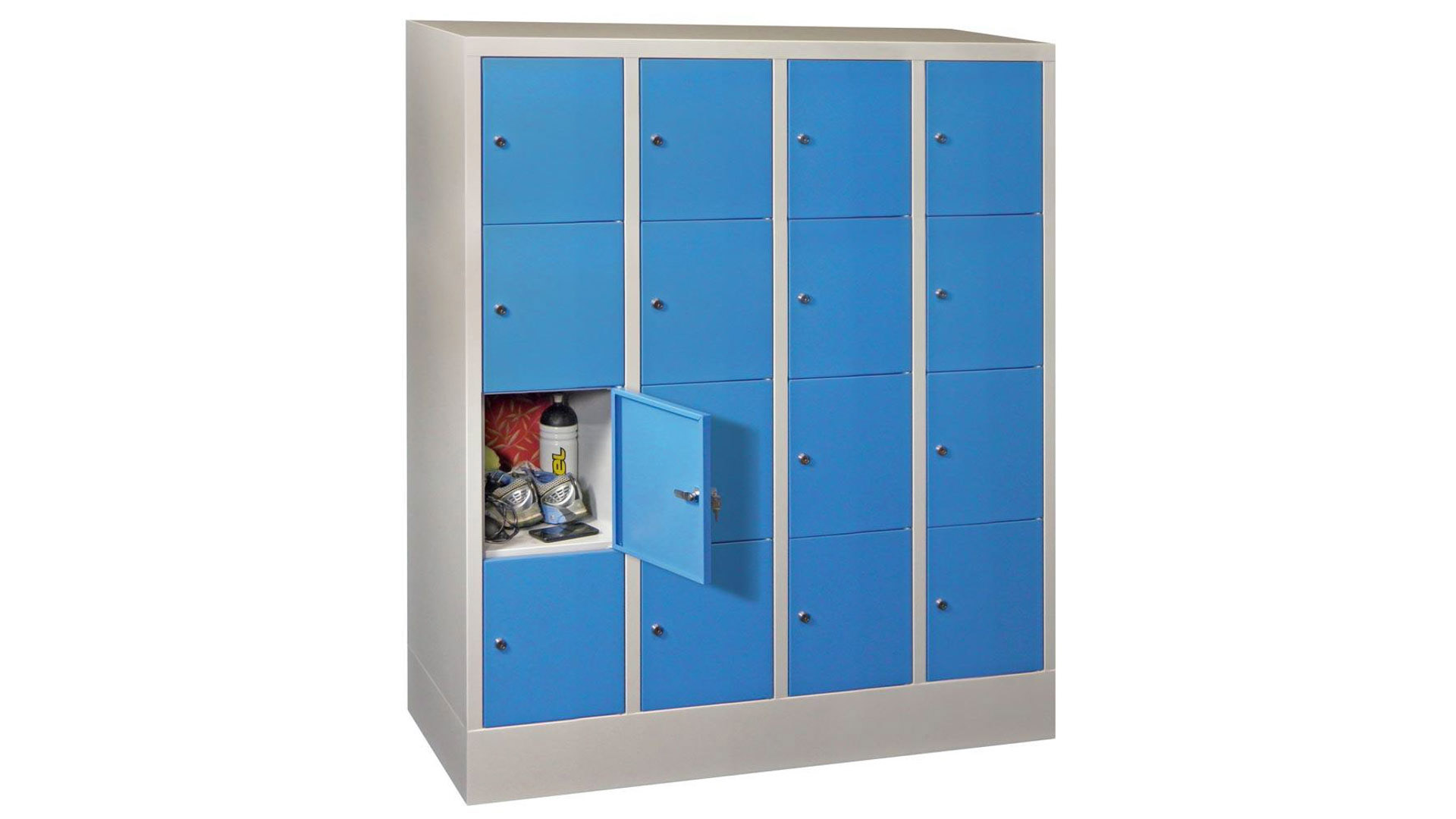 Schulschrank, Kita-Schrank, Breite 160 cm, Höhe 151,8 cm, Tiefe 50 cm, 16 Fächer