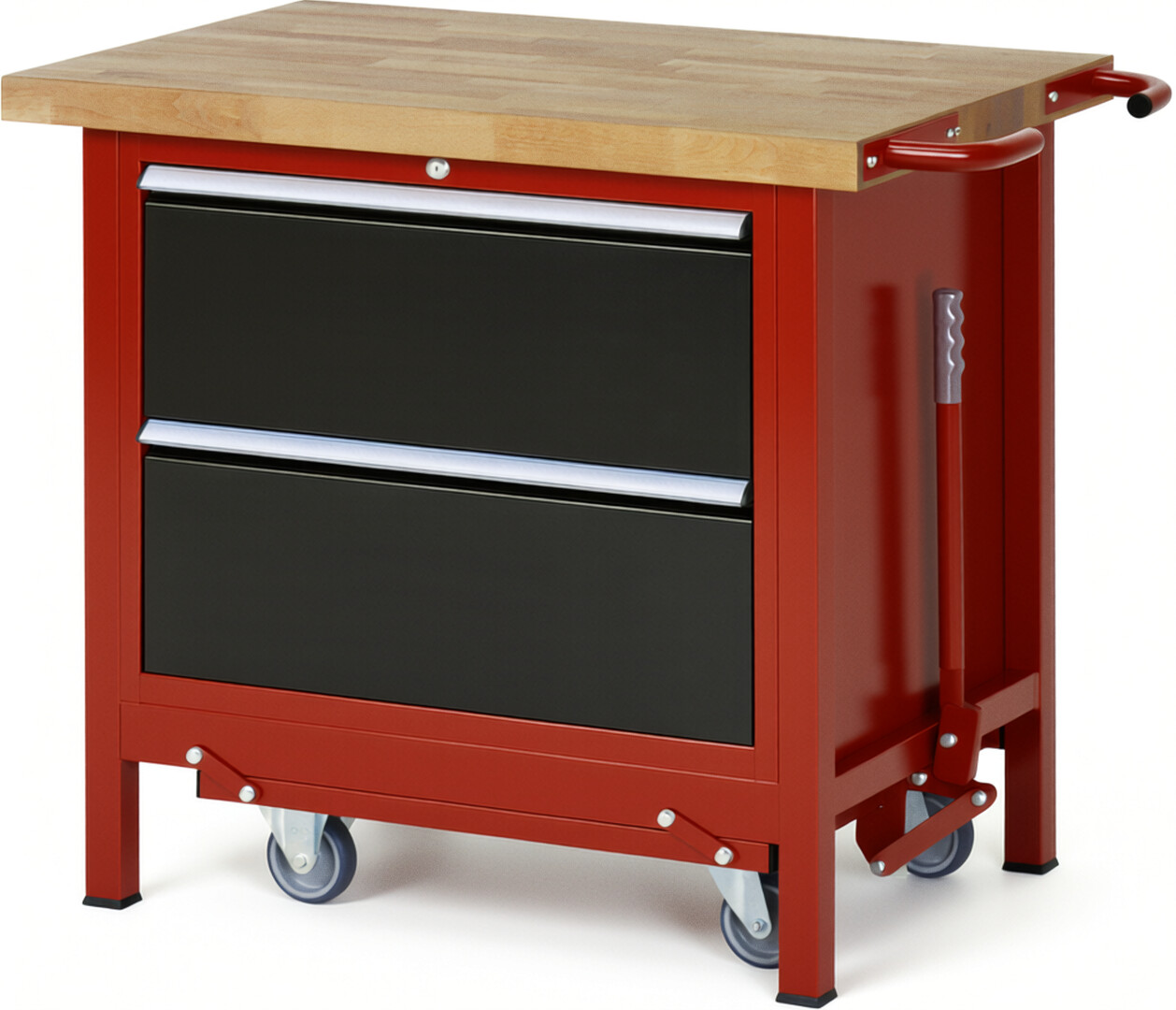 Absenkbare Werkbank Modell 8255 rot - schwarz, BxTxH 1000x700x880 mm,  Buche-Massiv Arbeitsplatte 40 mm,  2 Schubladen mit  Auszug 90 %