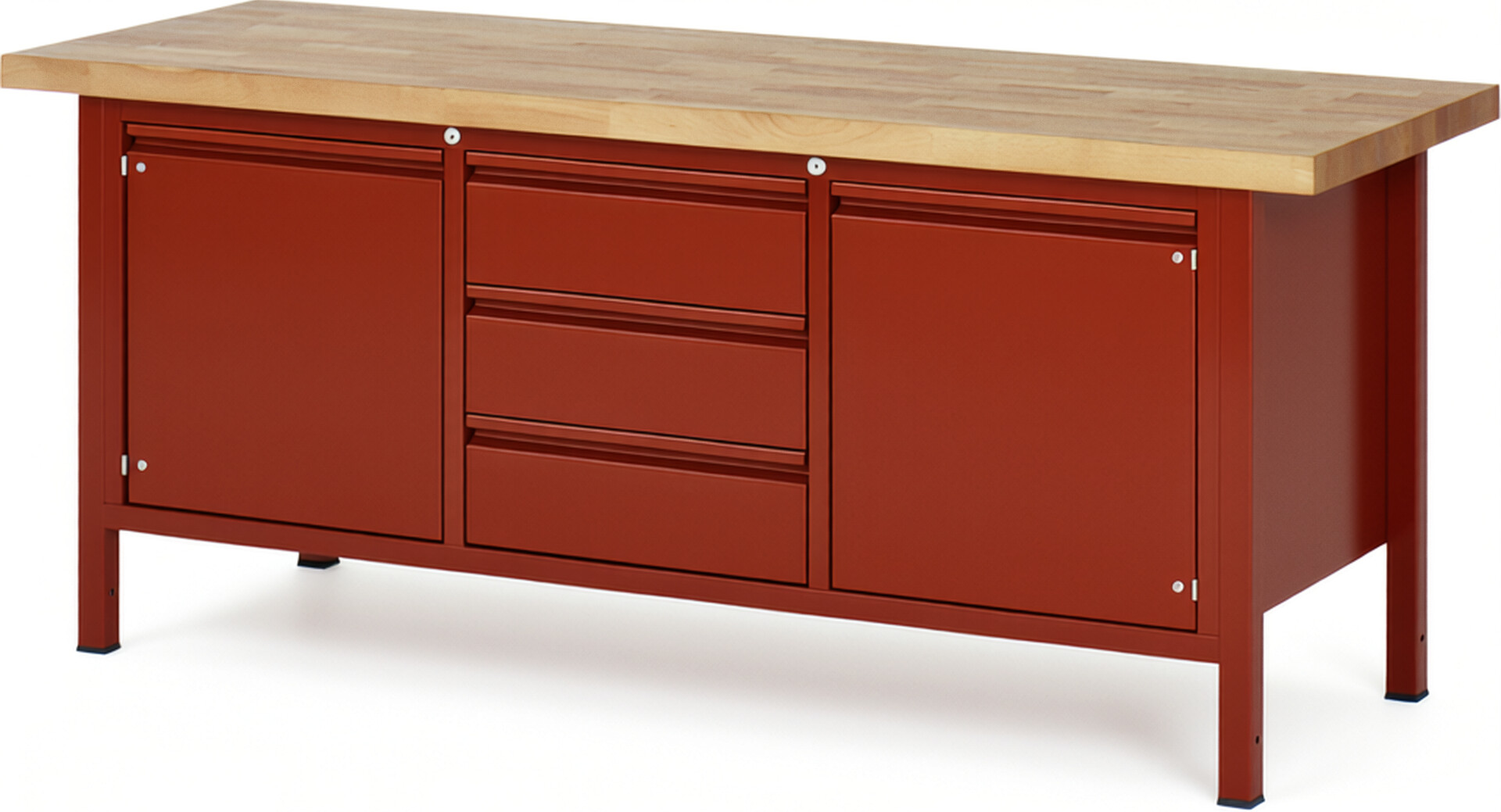 Werkbank, Platte Buche 40 mm rot, BxTxH 2000x700x840 mm, 3 Schubladen 180 mm, 2 Türen 540 mm, 2 Fachböden, RAL 3000/3000