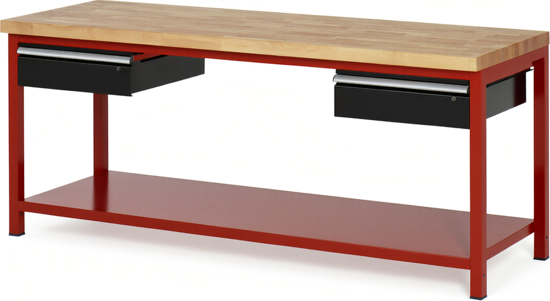 Werkbank Modell 8002 rot - schwarz, BxTxH 2000x700x840-1040 mm,  Buche-Massiv Arbeitsplatte 40 mm,  2 Schubladen mit  Auszug 90 %