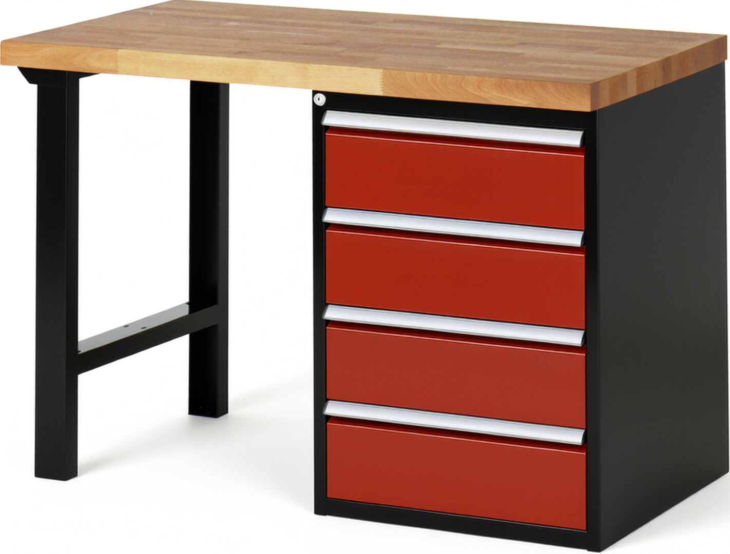 RAU Werkbank schwarz - rot - Breite 125 cm - Tiefe 90 cm - Höhe 89 cm - Buche-Massiv Arbeitsplatte 40 mm