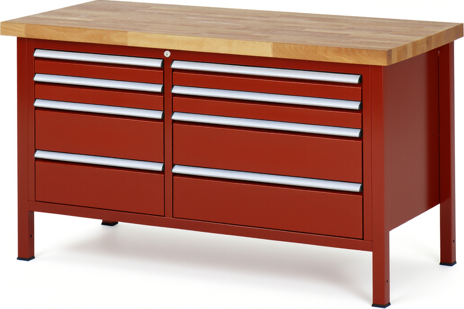 Werkbank Modell 8654 rot, BxTxH 1500x700x840-1040 mm,  Buche-Massiv Arbeitsplatte 40 mm,  8 Schubladen mit  Auszug 90 %