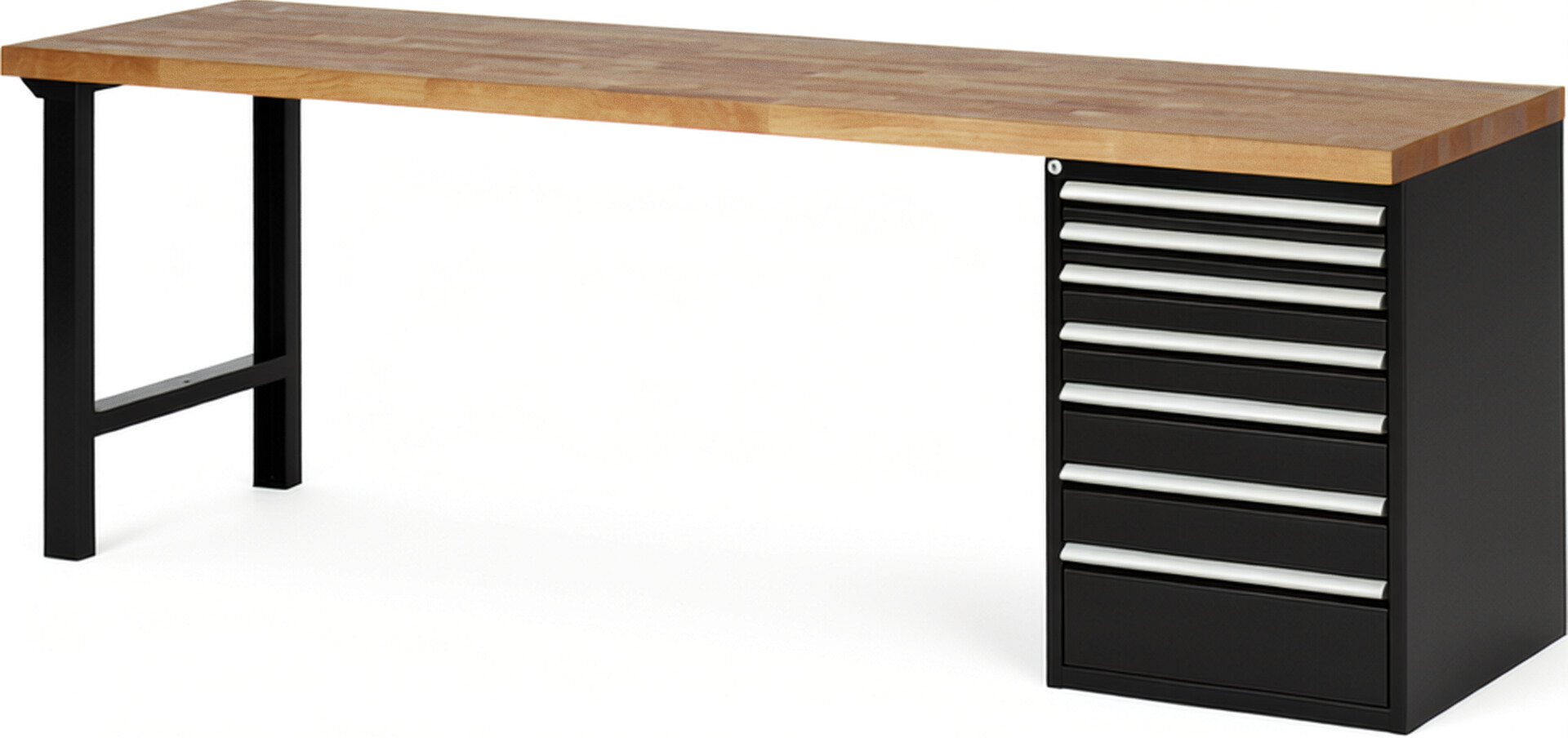 Werkbank Modell 7517 schwarz, BxTxH 2500x700x840 mm,  Buche-Massiv Arbeitsplatte 40 mm,  7 Schubladen mit  Auszug 90 %