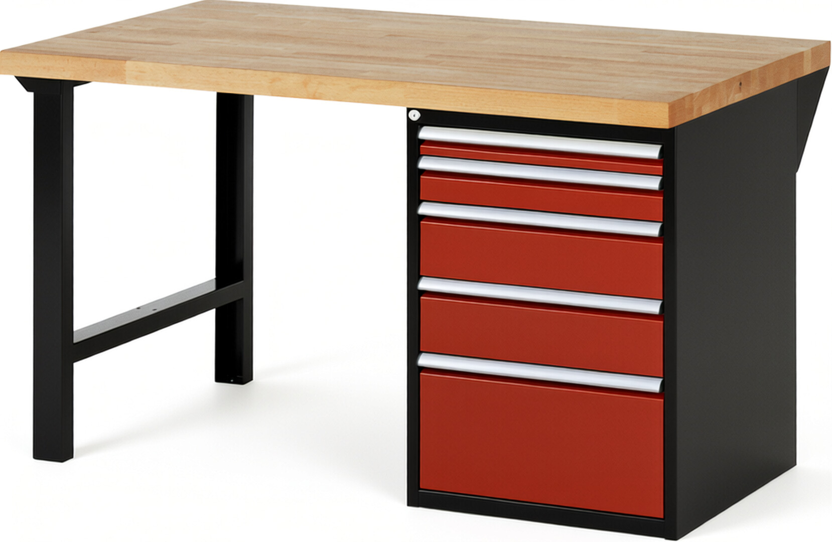 RAU Werkbank schwarz - rot - Breite 150 cm - Tiefe 90 cm - Höhe 89 cm - Buche-Massiv Arbeitsplatte 40 mm
