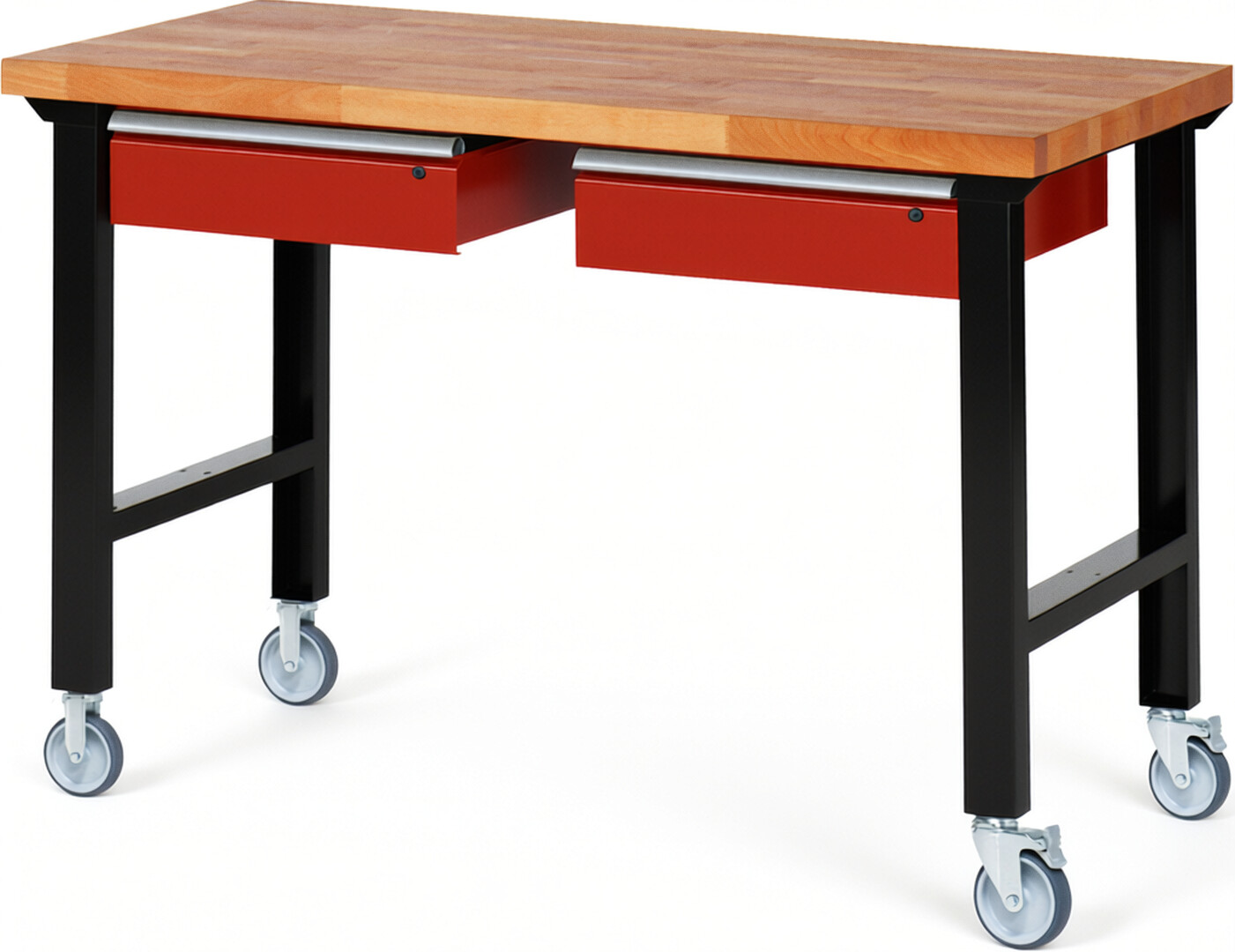 RAU Werkbank schwarz - rot - Breite 150 cm - Tiefe 70 cm - Höhe 100 cm - Buche-Massiv Arbeitsplatte 40 mm