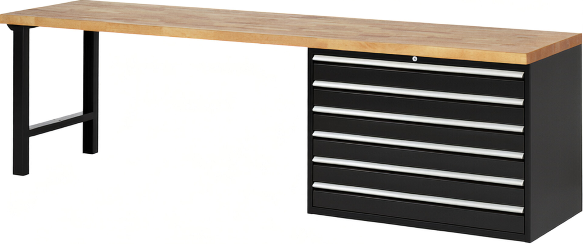 Werkbank Modell 7716 schwarz, BxTxH 3000x700x890 mm,  Buche-Massiv Arbeitsplatte 40 mm,  6 Schubladen mit  Auszug 90 %