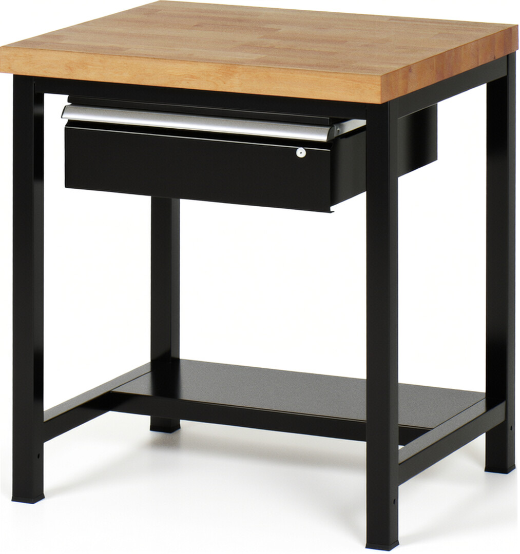 Werkbank Modell 8001 schwarz, BxTxH 750x700x840 mm,  Buche-Massiv Arbeitsplatte 40 mm,  1 Schublade mit  Auszug 90 %