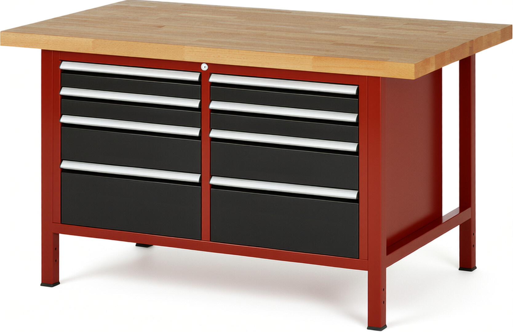 Werkbank Modell 8478 rot - schwarz, BxTxH 1500x900x840 mm,  Buche-Massiv Arbeitsplatte 40 mm,  8 Schubladen mit  Auszug 90 %