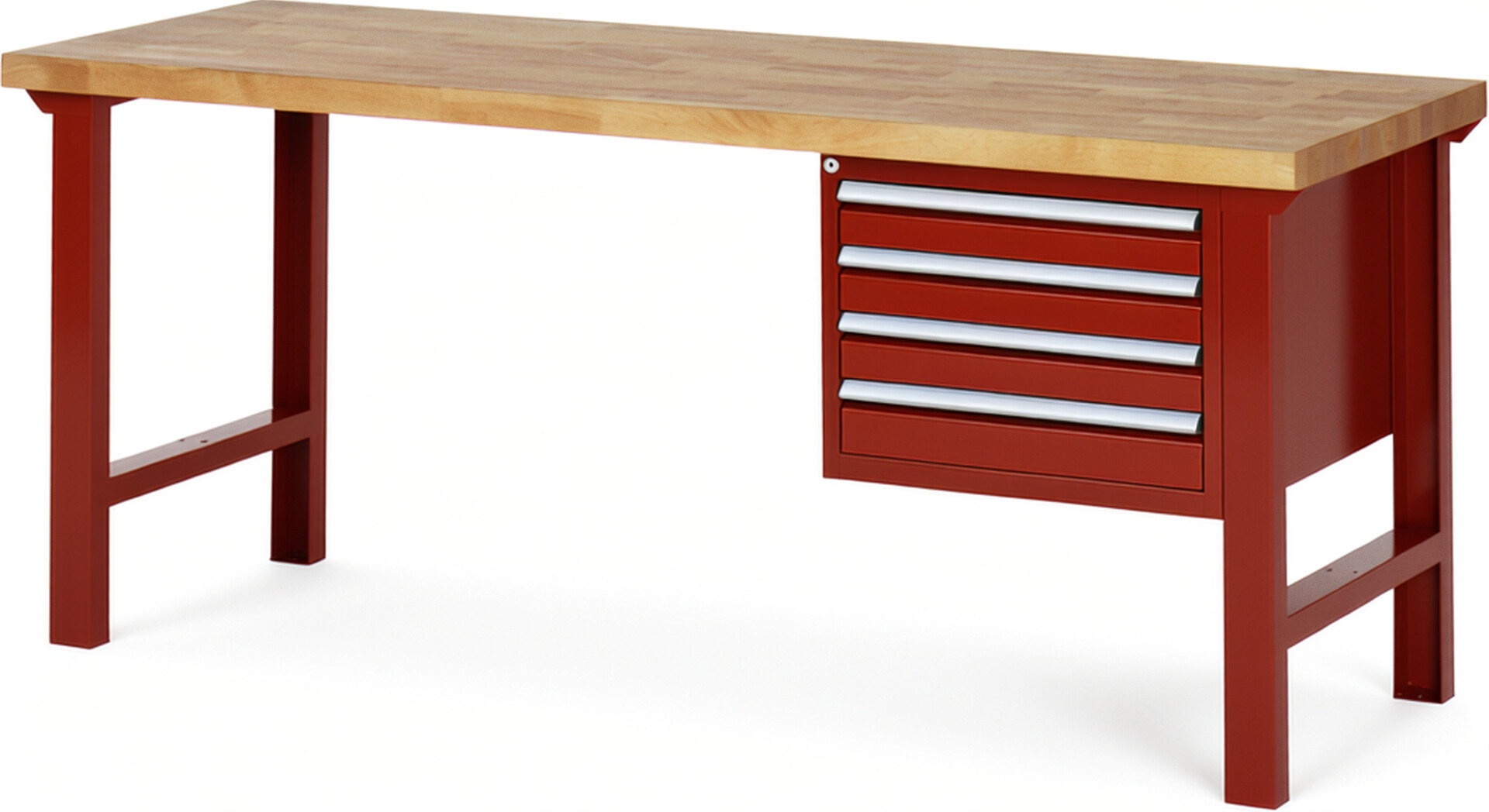 Werkbank Modell 7133 rot, BxTxH 2000x700x840 mm,  Buche-Massiv Arbeitsplatte 40 mm,  4 Schubladen mit  Vollauszug 100 % und  SoftClosing