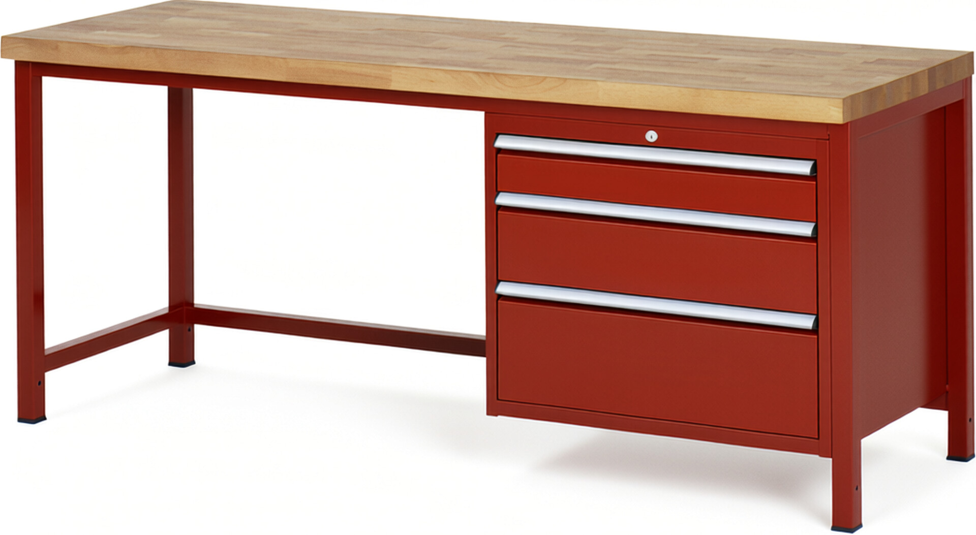 Werkbank Modell 8259 rot, BxTxH 2000x700x840 mm,  Buche-Massiv Arbeitsplatte 40 mm,  3 Schubladen mit  Auszug 90 %