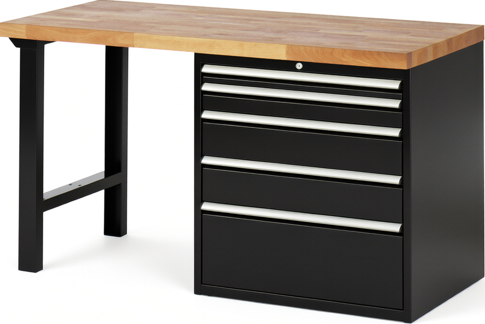 Werkbank Modell 7611 schwarz, BxTxH 1500x700x890 mm,  Buche-Massiv Arbeitsplatte 40 mm,  5 Schubladen mit  Auszug 90 %