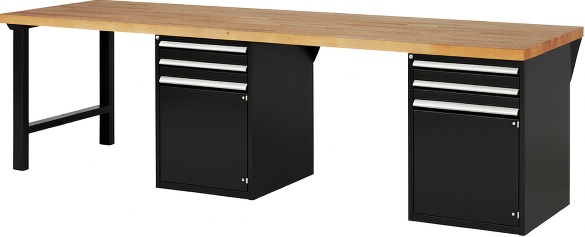 Werkbank Modell 7503 schwarz, BxTxH 3000x900x890 mm,  Buche-Massiv Arbeitsplatte 40 mm,  4 Schubladen mit  Vollauszug 100 % und  SoftClosing