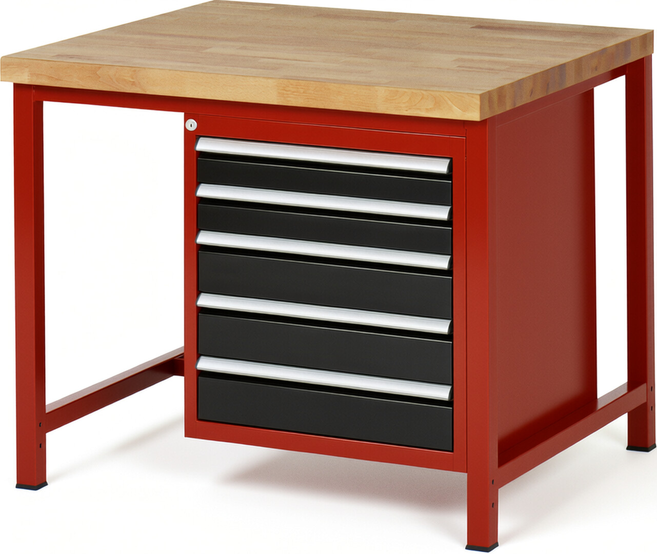 Werkbank Modell 8171 rot - schwarz, BxTxH 1000x900x840-1040 mm,  Buche-Massiv Arbeitsplatte 40 mm,  5 Schubladen mit  Auszug 90 %