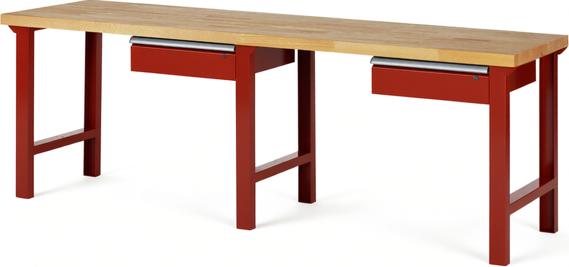 Werkbank Modell 7001 rot, BxTxH 2500x700x840 mm,  Buche-Massiv Arbeitsplatte 40 mm,  2 Schubladen mit  Auszug 90 %
