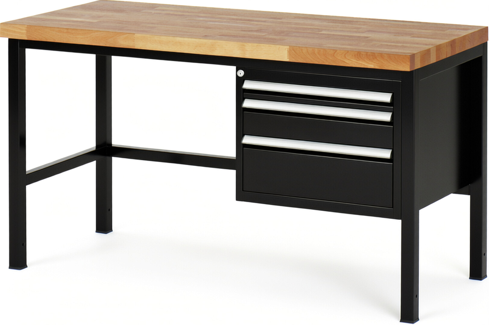 Werkbank Modell 8126 schwarz, BxTxH 1500x700x840 mm,  Buche-Massiv Arbeitsplatte 40 mm,  3 Schubladen mit  Vollauszug 100 % und  SoftClosing