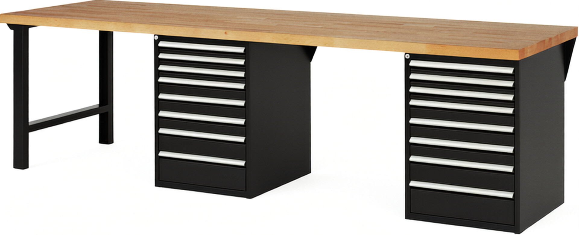Werkbank Modell 7519 schwarz, BxTxH 3000x900x840 mm,  Buche-Massiv Arbeitsplatte 40 mm,  16 Schubladen mit  Auszug 90 %