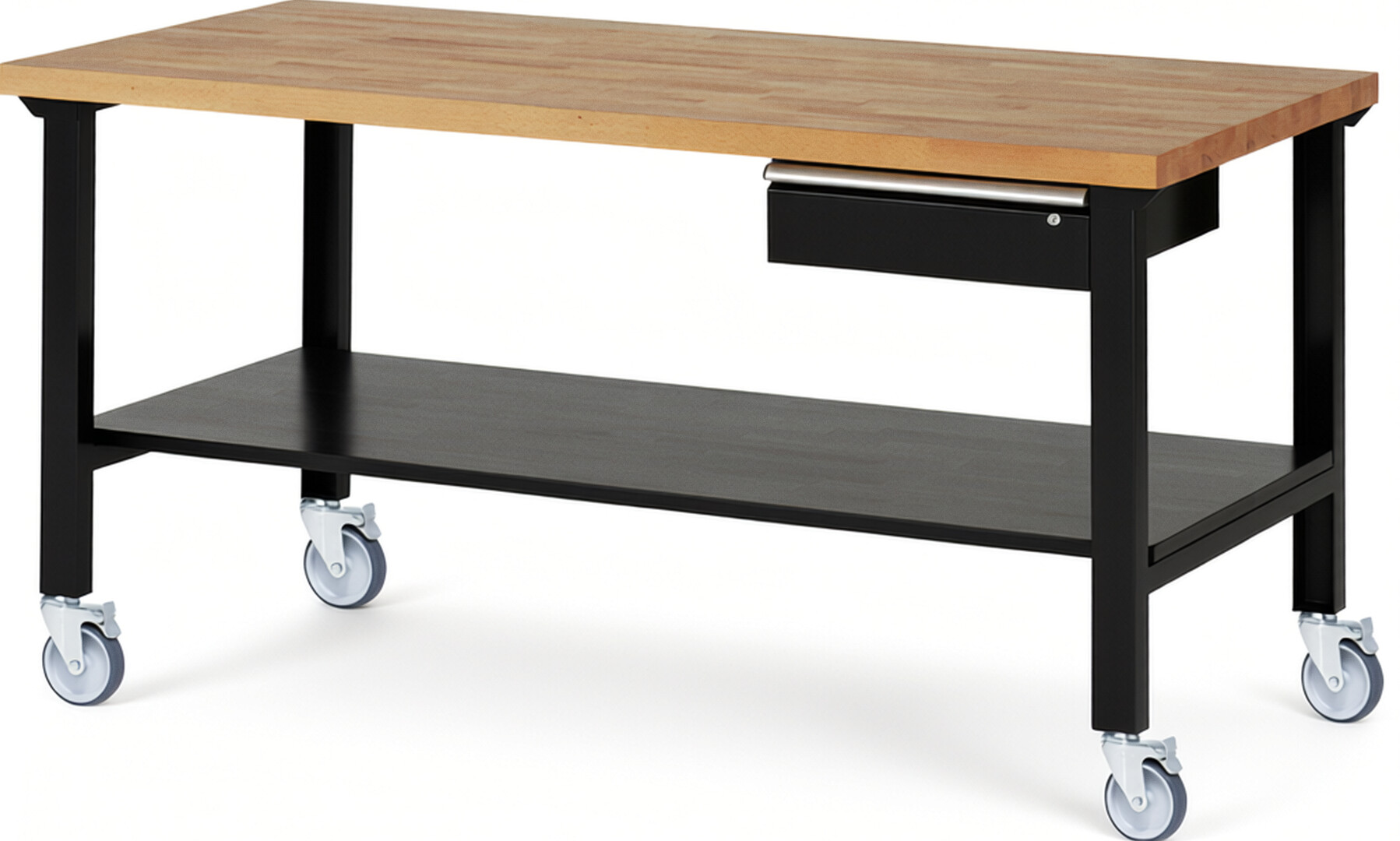 Fahrbare Werkbank Modell 7001 schwarz, BxTxH 2000x900x1000 mm,  Buche-Massiv Arbeitsplatte 40 mm,  1 Schublade mit  Auszug 90 %