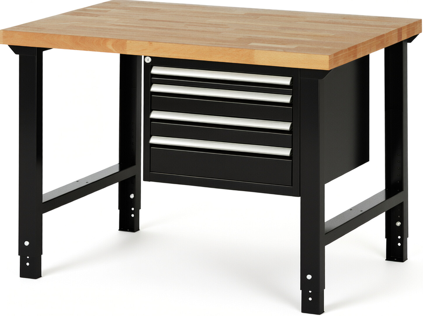 Werkbank Modell 7132 schwarz, BxTxH 1250x900x790-1140 mm,  Buche-Massiv Arbeitsplatte 40 mm,  4 Schubladen mit  Auszug 90 %
