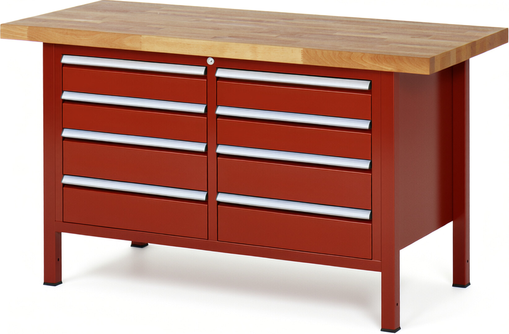 Werkbank Modell 8477 rot, BxTxH 1500x700x840 mm,  Buche-Massiv Arbeitsplatte 40 mm,  8 Schubladen mit  Vollauszug 100 % und  SoftClosing