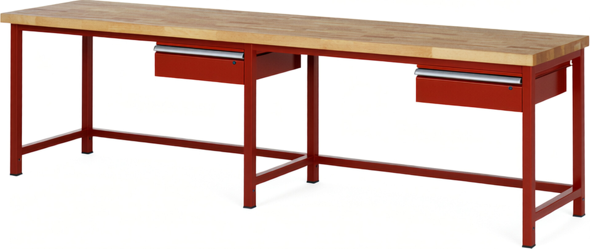 Werkbank Modell 8001 rot, BxTxH 3000x700x840 mm,  Buche-Massiv Arbeitsplatte 40 mm,  2 Schubladen mit  Auszug 90 %