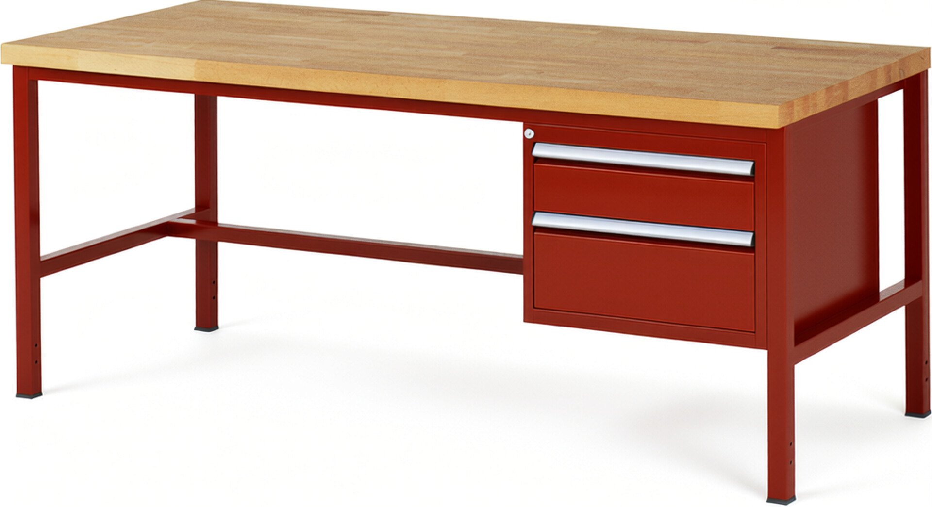 Werkbank Modell 8123 rot, BxTxH 2000x900x840-1040 mm,  Buche-Massiv Arbeitsplatte 40 mm,  2 Schubladen mit  Auszug 90 %
