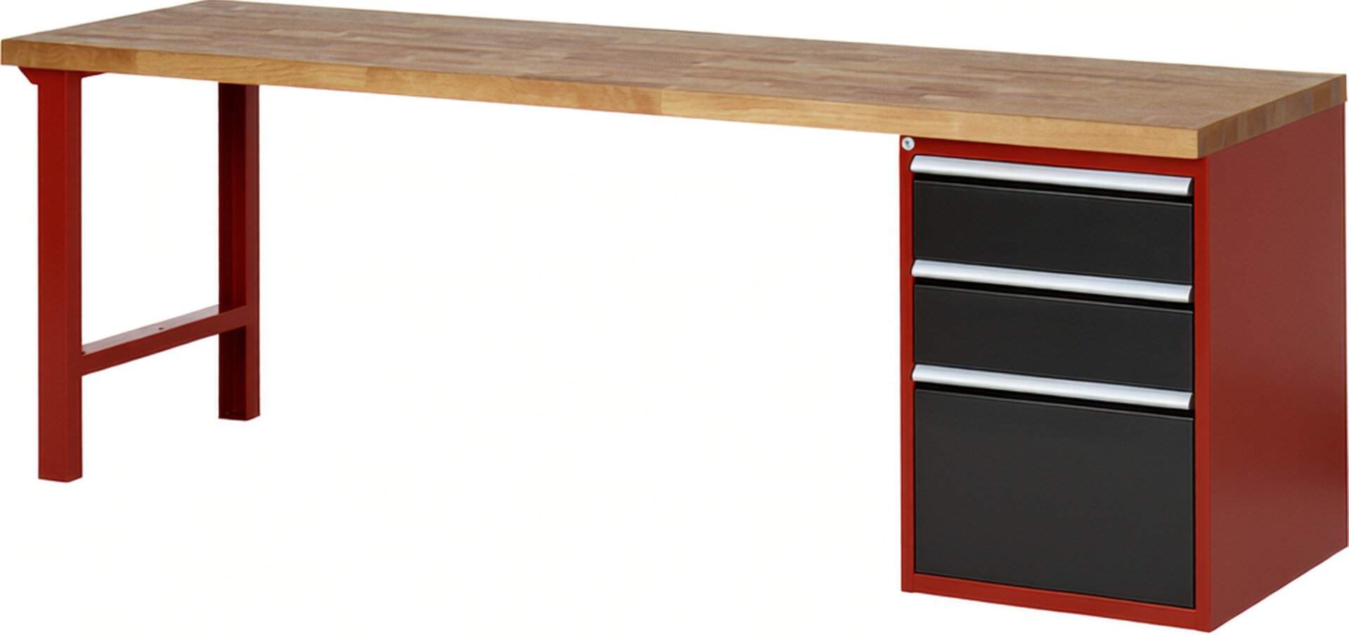 Werkbank Modell 7507 rot - schwarz, BxTxH 2500x700x840 mm,  Buche-Massiv Arbeitsplatte 40 mm,  3 Schubladen mit  Auszug 90 %
