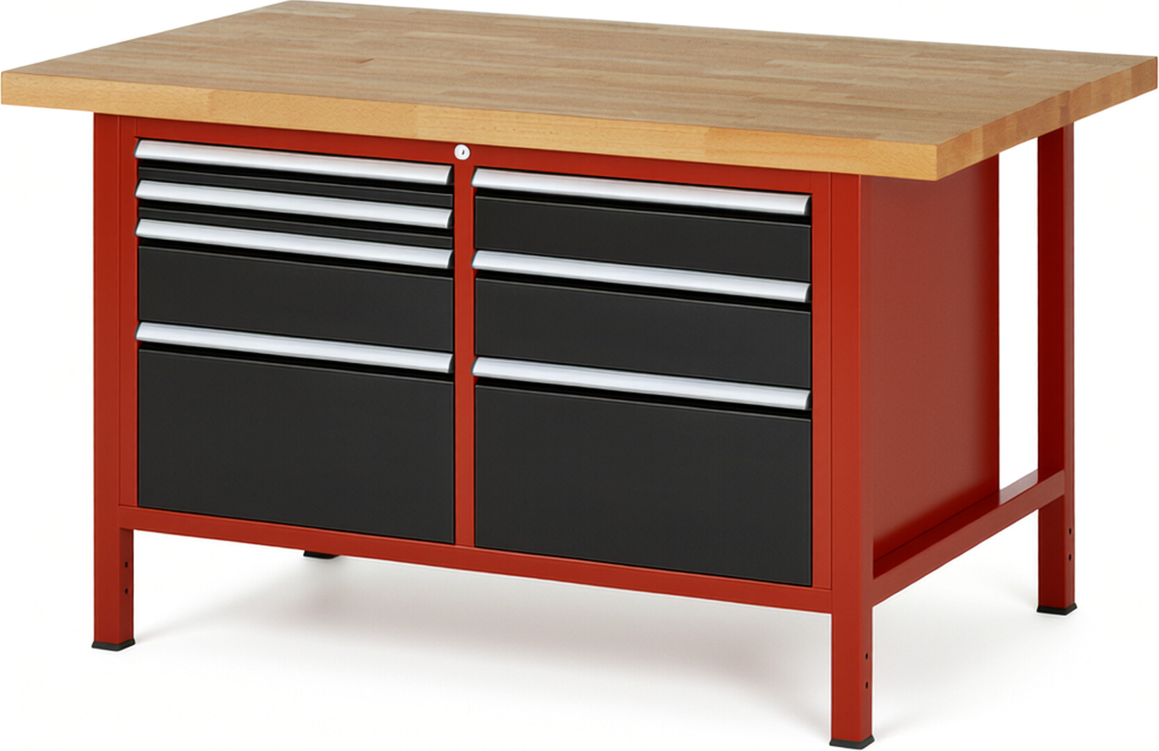 Werkbank Modell 8476 rot - schwarz, BxTxH 1500x900x840 mm,  Buche-Massiv Arbeitsplatte 40 mm,  7 Schubladen mit  Vollauszug 100 % und  SoftClosing