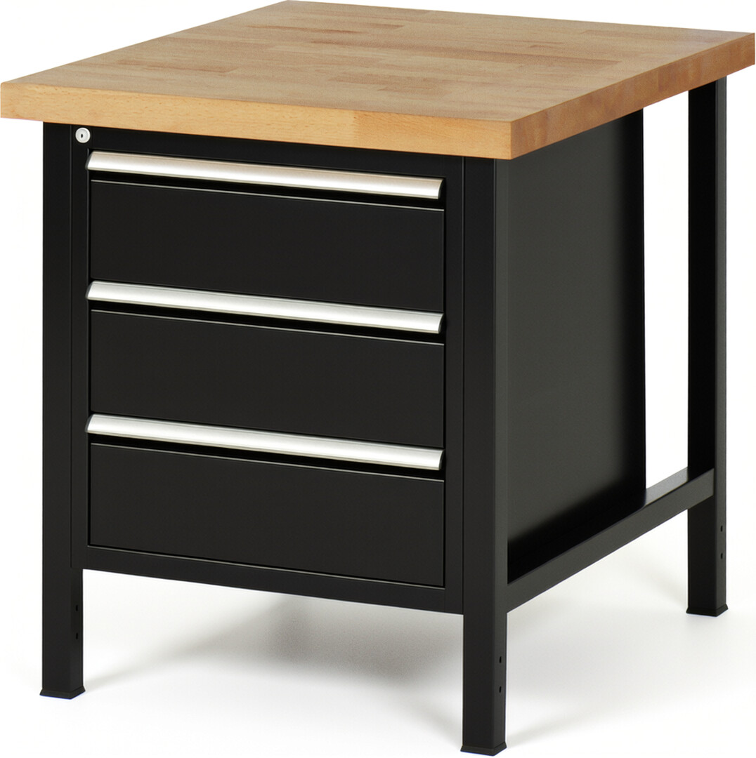 Werkbank Modell 8157 schwarz, BxTxH 750x900x840 mm,  Buche-Massiv Arbeitsplatte 40 mm,  3 Schubladen mit  Vollauszug 100 % und  SoftClosing