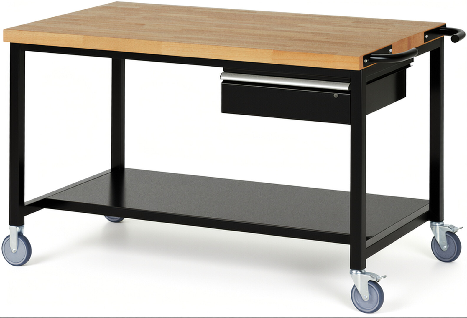 Fahrbare Werkbank Modell 8001 schwarz, BxTxH 1500x900x880 mm,  Buche-Massiv Arbeitsplatte 40 mm,  1 Schublade mit  Auszug 90 %