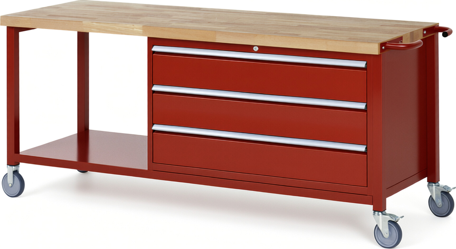 Fahrbare Werkbank Modell 8357 rot, BxTxH 2000x700x880 mm,  Buche-Massiv Arbeitsplatte 40 mm,  3 Schubladen mit  Auszug 90 %